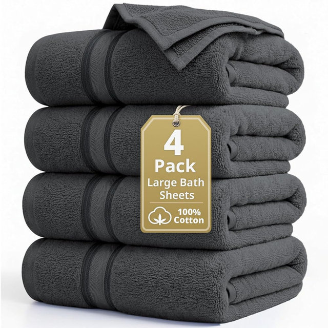LANE LINEN 100% Cotton Bath Sheets - Exclusive Zero Twist Technology - 4 Pack (35"x66") Large Bath Towels Set - Ultra Soft, Fade Resistant & Quick Drying - Holds well after Multiple Washes - Cool Gery