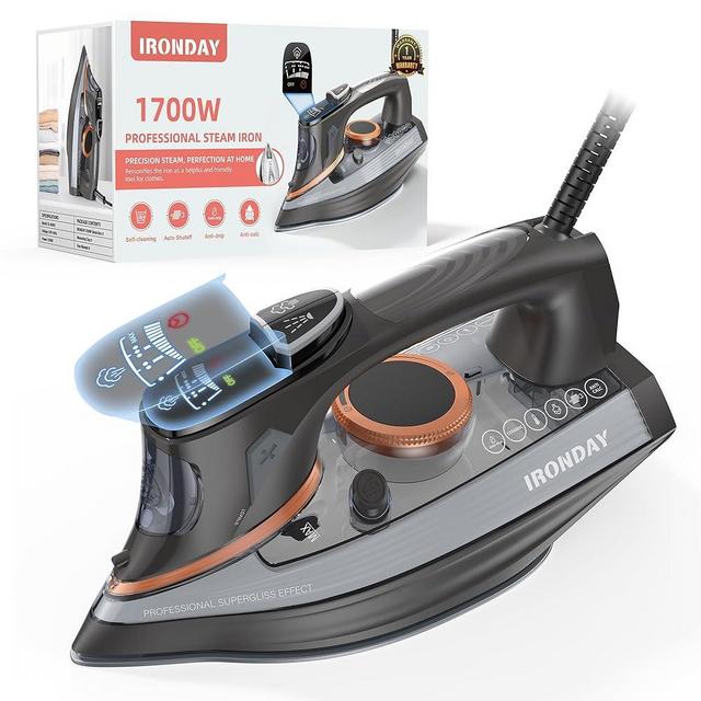 IRONDAY Steam Iron for Clothes with LCD Screen, 1700W Iron Non-Stick Ceramic Soleplate, Auto Shutoff, Self-Cleaning, Anti-Drip, Steam Burst, Spray Mist 10.14oz Water Tank Ironing Clothes for Home,Grey