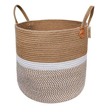 CHICVITA Extra Large Jute Basket Woven Storage Basket with Handles – Natural Laundry Basket Toy Towels Blanket Basket Home Decor Gift, 16" x 16", White