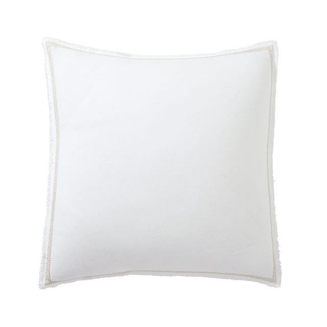 White/Flax Border Belgian Linen Fringed Border Stitch Shams, Euro, Set of 2
