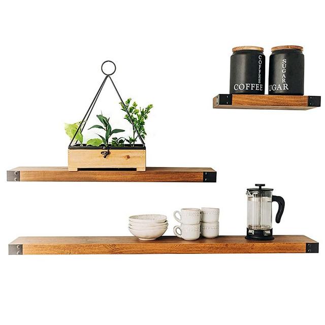 Willow & Grace Floating Shelves with Black Iron Corners, Floating Shelf, Wood Wall Shelves, Easy-Mount Storage Wall Shelves for Living Room Bathroom Kitchen - Set of 3(Light Walnut, 12", 24", & 36")