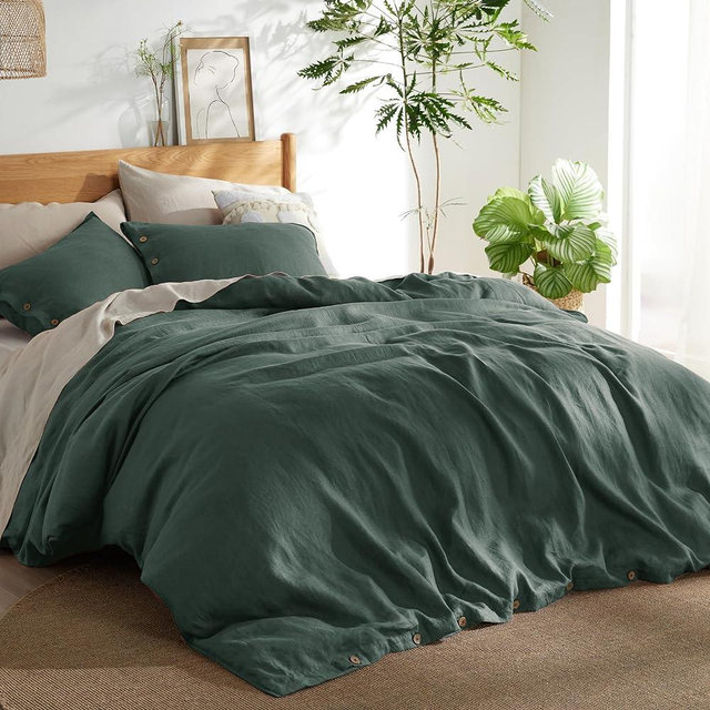 Bedsure Linen Duvet Cover Queen - Linen Cotton Blend Duvet Cover Set, Forest Green Linen Duvet, 3 Pieces, 1 Duvet Cover 90 x 90 Inches and 2 Pillowcases, Comforter Sold Separately