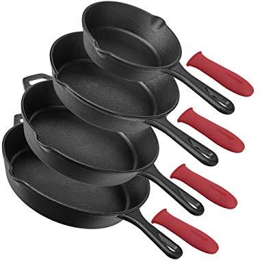 Pre-Seasoned Cast Iron Skillet 4-Piece Complete Chef Set (6-Inch 8-Inch 10-Inch 12-Inch) Oven Safe Cookware - 4 Heat-Resistant Holders - Indoor and Outdoor Use - Grill, Stovetop, Induction Safe