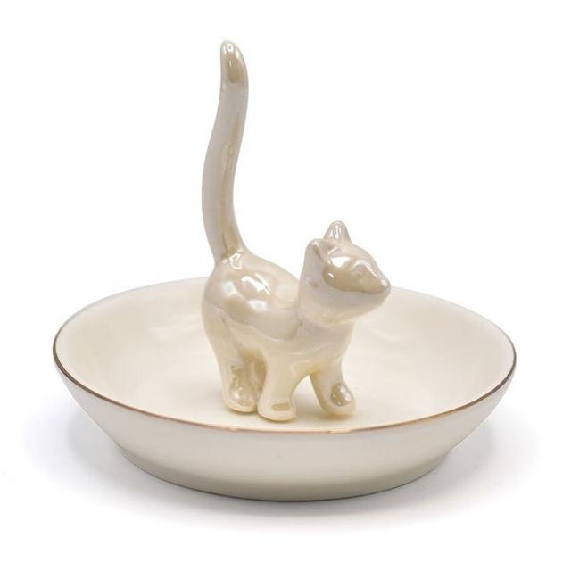ROSA&ROSE Cat Ring Holder Trinket Tray Ceramic Jewelry Dish Porcelain Ring Organizer Gift for Women, Girlfriend or Valentine's Day (Pearl White)
