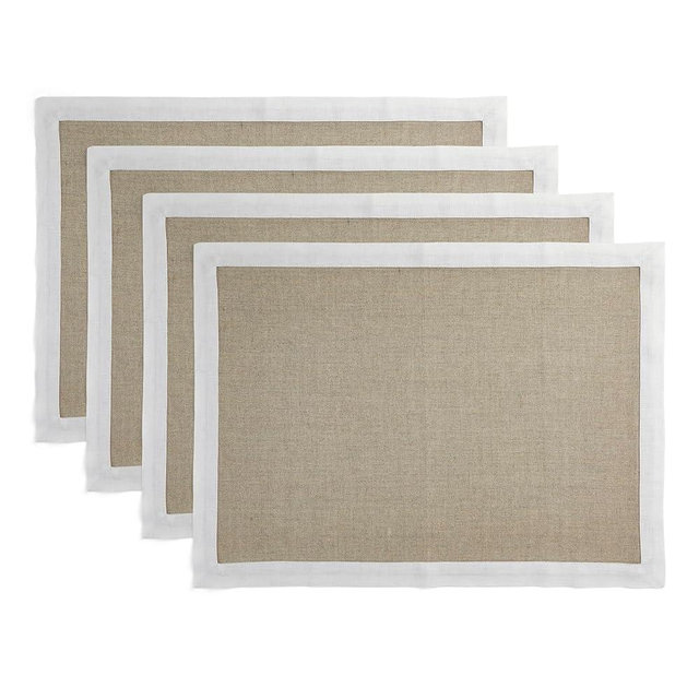 Solino Home Linen Placemats Set of 4 – 100% Pure Linen Fabric Placemats White and Natural – 14 x 19 Inch Washable Cloth Place Mats for Fall, Thanksgiving, Winter, Holiday – Classic