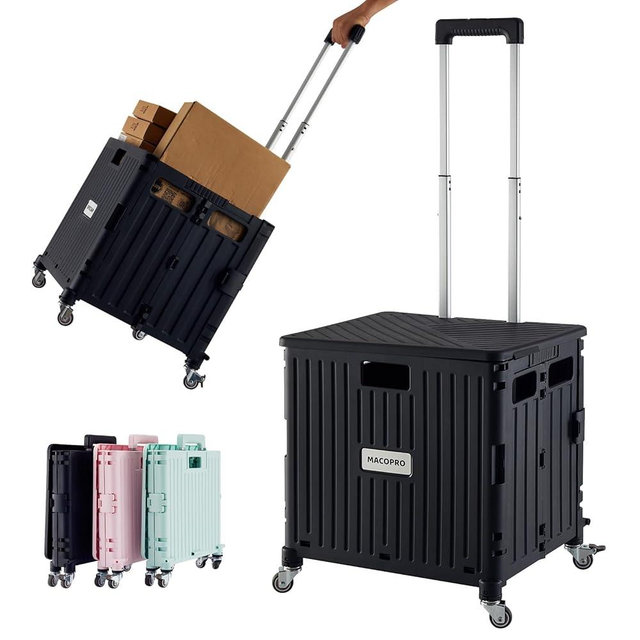 MACOPRO Folding Utility Cart Portable Rolling Crate Handcart Shopping Trolley Collapsible Tool Box, with Lid, Basket on 4 Rotate Wheels, for Grocery, Office, Luggage, Teacher (Black)