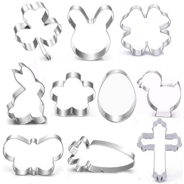 BakingWorld Easter Cookie Cutter Set-10 Piece-Flower,Butterfly,Shamrock,Clover,Chick,Carrot, Egg,Bunny,Rabbite,Cross Shapes Stainless Steel Fondant Molds for Holiday Party Decorations