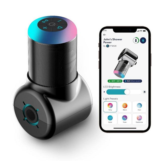 Ampere Shower Power Pro - Hydropower Bluetooth Shower Speaker, Waterproof Detachable Portable, Rechargeable Mini Speaker with LED Lights (Chrome)