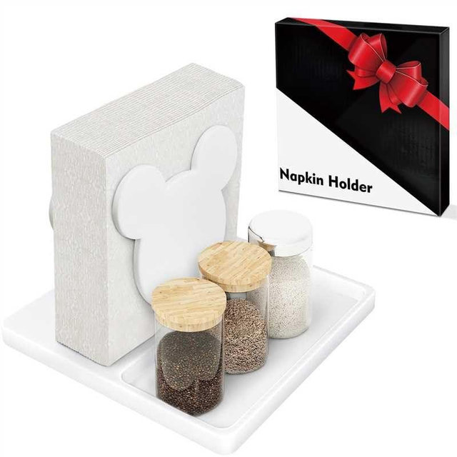 Cute Napkin Holder Mouse Ears Napkin Dispenser with Salt and Pepper Standing Funny Napkin Standing Holder for Kitchen Table Decors Gifts for Birthday Christmas Housewarming(Not Including Shakers)