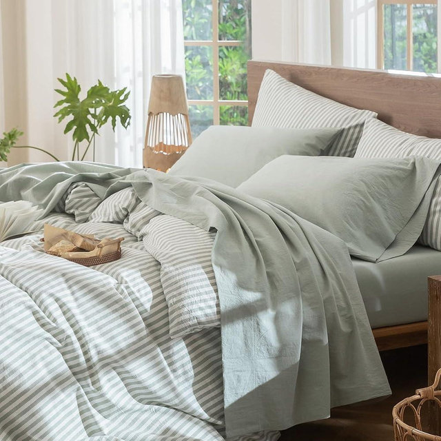 MooMee Bedding Sheet Set 100% Washed Cotton Linen Like Textured Breathable Durable Soft Comfy (Heathered Sage Green, California King)