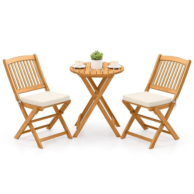 Tangkula 3 Pieces Acacia Wood Patio Folding Bistro Set, Outdoor Table and Chairs Set with Soft Cushions, Patio Furniture Set for Porch, Balcony, Garden, Deck and Backyard
