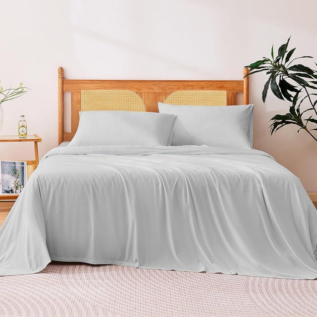 Amazon Basics Cooling Sheets, 4 Piece 100% Recycled Polyester Bed Sheet Set for Hot Sleepers, Breathable, 15-Inch Deep Pocket, King, Gray