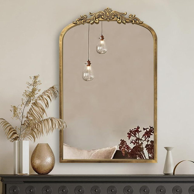 PERFNIQUE Vintage Mirror, 30" X 19" Arched Antique Baroque Wall Mirror, Gold Traditional Wall Decor, Ornate Wall Decor Anthro Look Alike Mirror for Bathroom Living Room Fireplace Entryway Hallway
