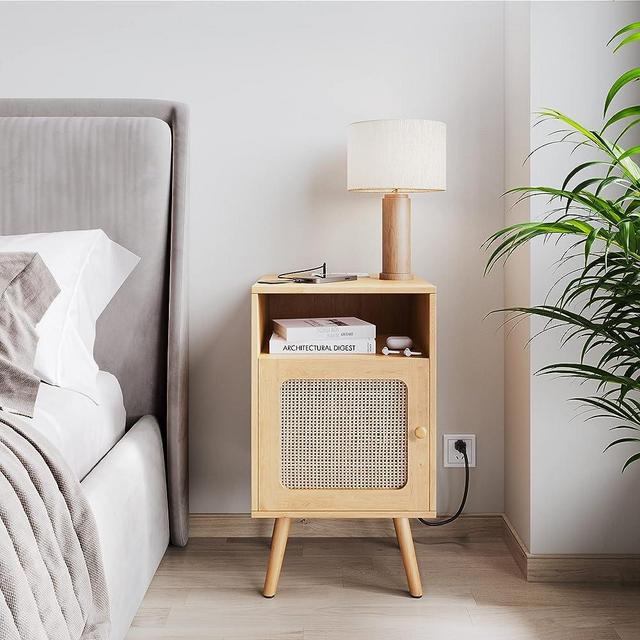 Mid Century Modern Rattan Nightstand with Can Accents, Boho Bedside Table with Drawers, Farmhouse Accent Tables for Bedroom and Living Room (1, Charging with Bohemia Style)