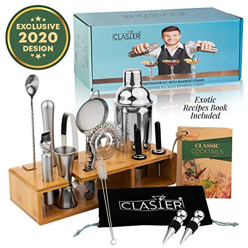 19-Piece Bartender Kit - Mixology Set With Bamboo Stand By Clasier | Bar Set Cocktail Shaker Set | Bar Tools Include Cocktail Mixing Set, Wine Bottle Opener, Strainer, Recipe Book, Velvet Carry Bag