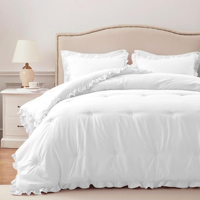 HARBOREST Twin Comforter Set White - Ruffle Comforter for Twin Size Bed, Fluffy Twin Size Comforter Set for All Seasons, 2 Pieces Shabby Chic Bedding Comforter Sets(1 Comforter & 1 Pillow Sham)