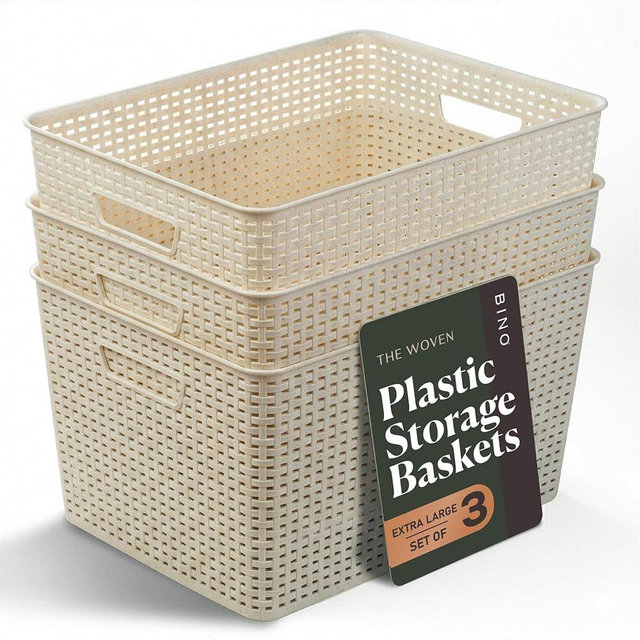 BINO | Plastic Storage Baskets, 33 Liter - 3 Pack, Natural | THE WOVEN COLLECTION | Storage Basket for Shelves | Woven Storage Baskets for Organizing Bins | Pantry Shelf Organizer | Container Bin