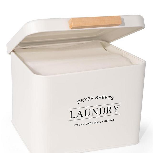 Candco Dryer Sheet Holder with Hinged Lid for Laundry Room Organization, Metal Farmhouse Dryer Sheet Container, Laundry Room Decor and Accessories (Cream)