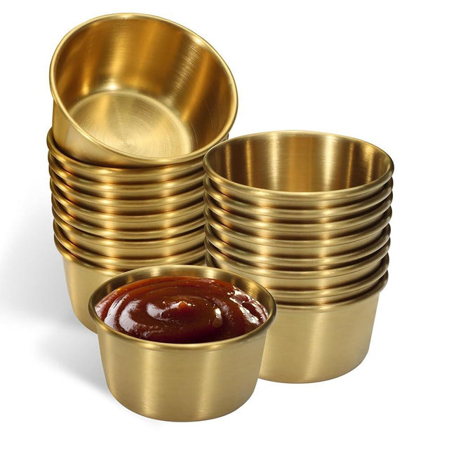 Huakaile 18 Pcs 2 oz Stainless Steel Dipping Sauce Cup, Mini Dip Bowls, Reusable Metal Condiment Cups Ramekins Containers for Ketchup Dressing Home Party Restaurant Kitchen (18PCS Gold)