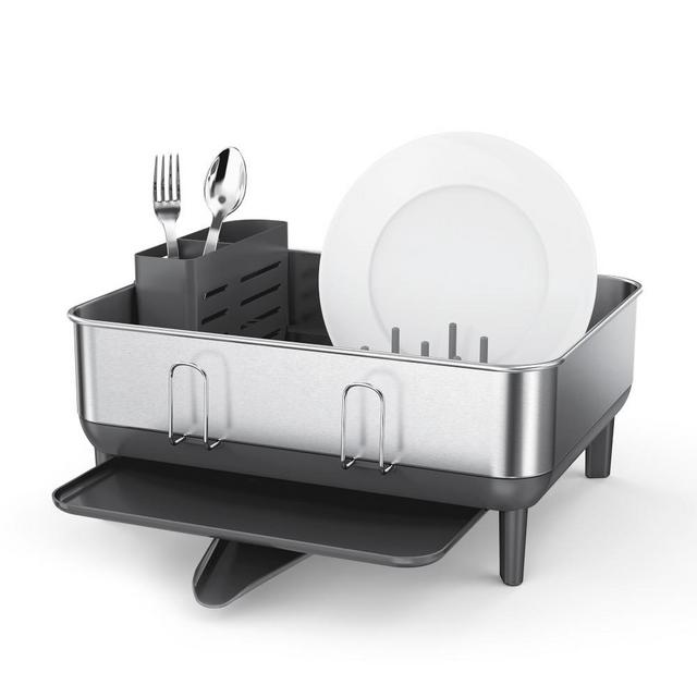 Simplehuman Compact Kitchen Dish Rack, Fingerprint-Proof Stainless Steel Frame, Grey Plastic