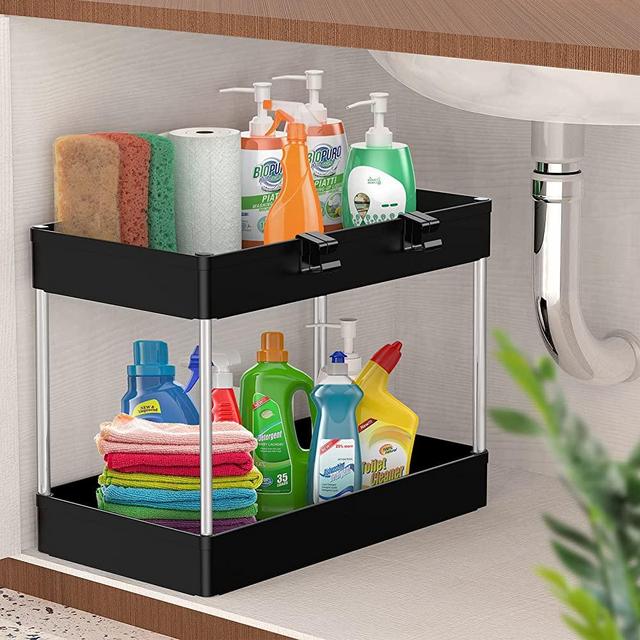 SPACEKEEPER Under Sink Organizer, 2 Tier Under Sink Storage Organizer, Bathroom Standing Rack, Bath Collection Slide-out Baskets with Hooks, Multi-purpose Storage Shelf for Bathroom Kitchen, Black