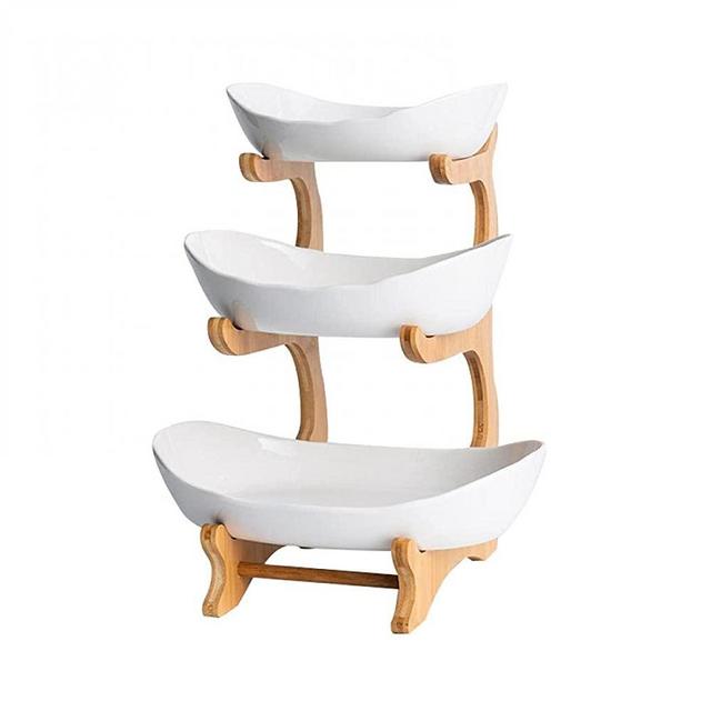 3 Tier Fruit Basket,Ceramic Large Capacity Tiered Fruit Basket Stand,Bamboo Fruit Basket Fruit Serving Tray Snacks Nuts Bread Candy Storage Holder (White porcelain)