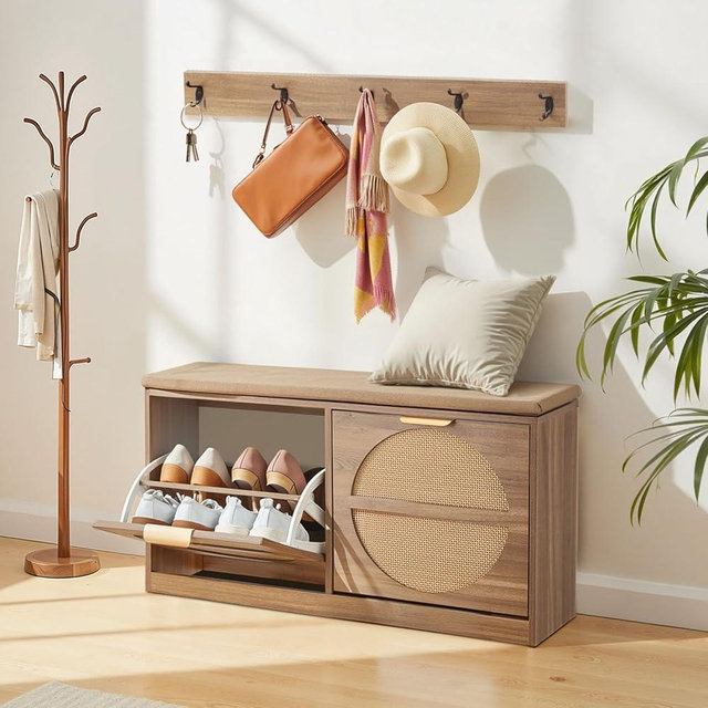 VEVOR Shoe Storage Bench, Rattan Entryway Bench with Coat Rack & Padded Cushion, Shoe Cabinet Holds up to 440 lbs, 38.9X 9.4x19.7 Inche for Hallway, Living Room, Bedroom
