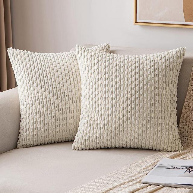 MIULEE Throw Pillow Covers Soft Corduroy Decorative Set of 2 Boho Striped Pillow Covers Pillowcases Farmhouse Home Decor for Couch Bed Sofa Living Room 16x16 Inch Cream White