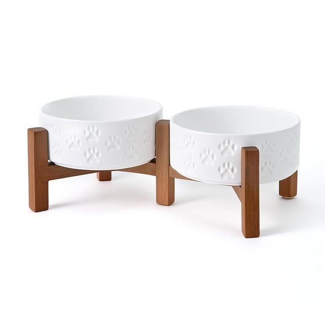 SPUNKYJUNKY Ceramic Elevated Dog Bowl Set with Acacia Wood Stand for Food and Water for Cats and Small Dogs (13.52 OZ, White, Dog Paw Pattern)