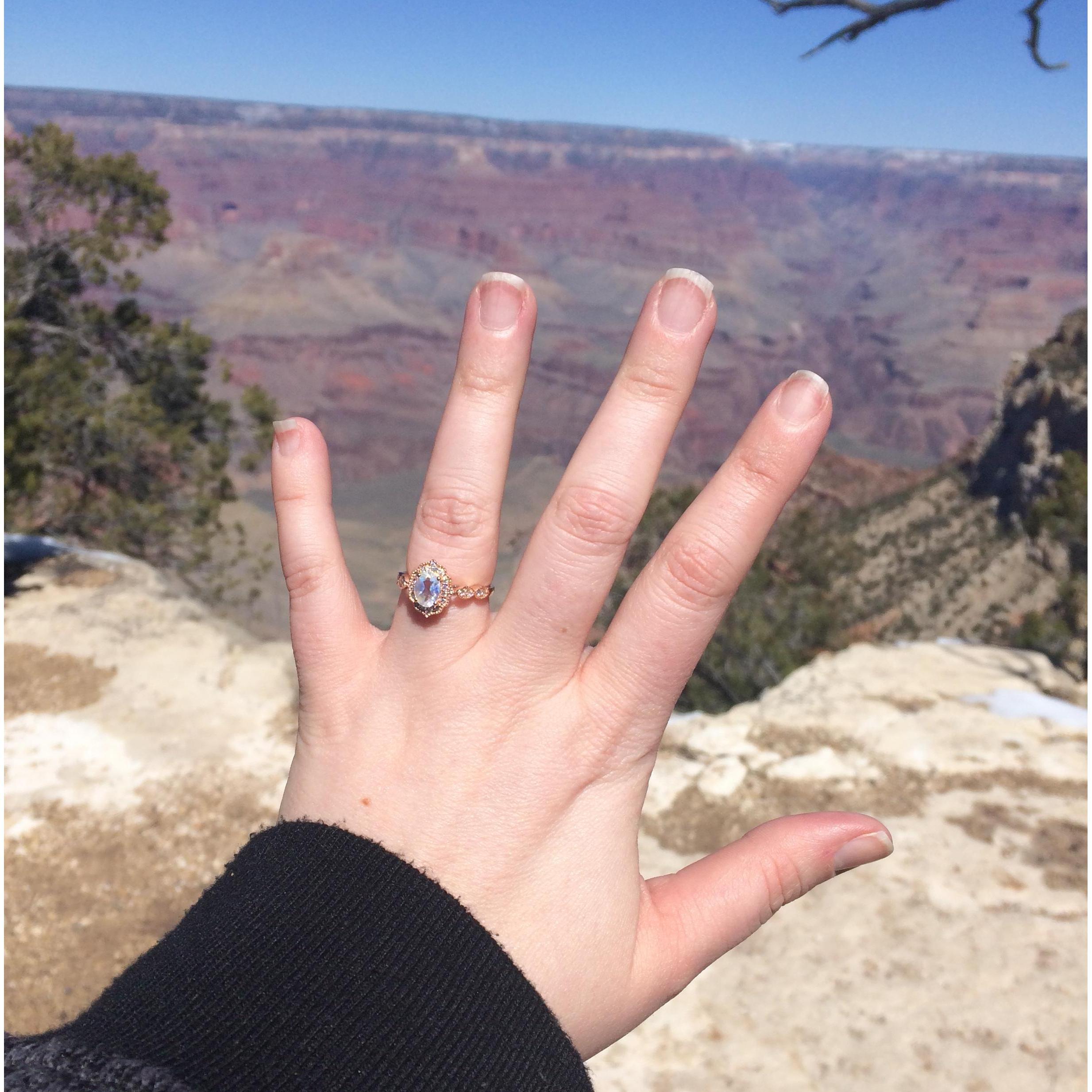 The Grand Canyon in the back and the ring on the hand.