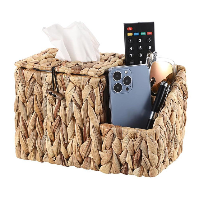 Sumnacon Square Tissue Box Cover with Side Organizer - Wicker Cube Tissue Box for Bathroom Toilet (Water Hyacinth, Natural)