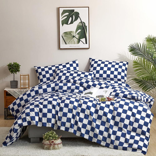 CLOTHKNOW Blue White Plaid Queen Comforter Set 3Pcs Grid Bedding Comforter Sets Checkerboard Comforter Royal Blue White Comforter with 2 Pillow Cases
