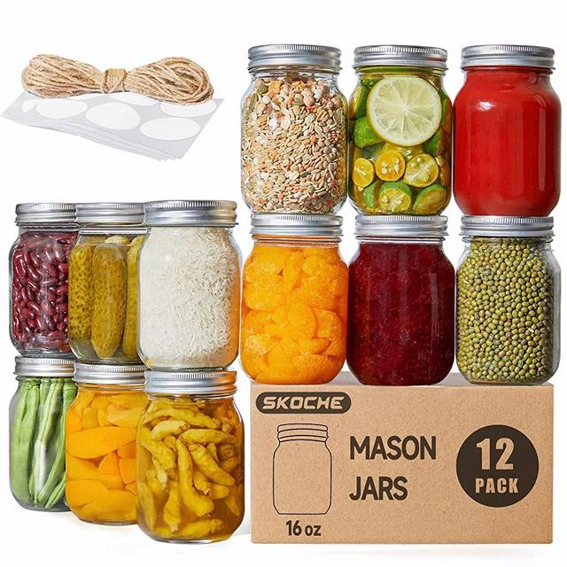 SKOCHE Mason Jars 16 oz, Regular Mouth Mason Jars with Airtight Lids and Bands for Canning, Honey, Fermenting, Pickling, DIY Decors, Fruit Preserves, Jam or Jelly, 12 Pack Jars with 12 Labels