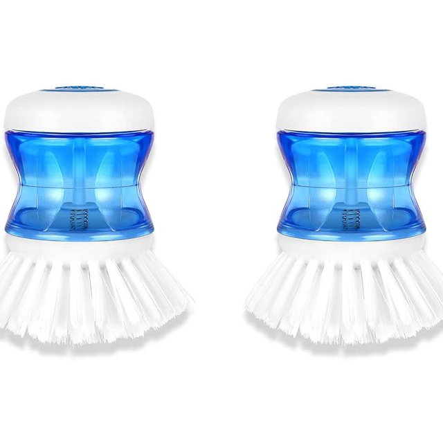 Dish Brush with Soap Dispenser for Dishes Pot Pan Kitchen Sink Scrubbing, White 2 Pack