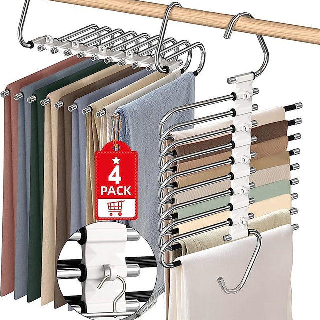 Upgrade 9 Layers Pant Hangers Space Saving, Non Slip Stainless Steel Multifunctional Pants Rack S-Type Clothes Pant Closet Hanger Organizer for Pants Jeans Trousers Scarf Skirts (4 Pack, Antiquewhite)