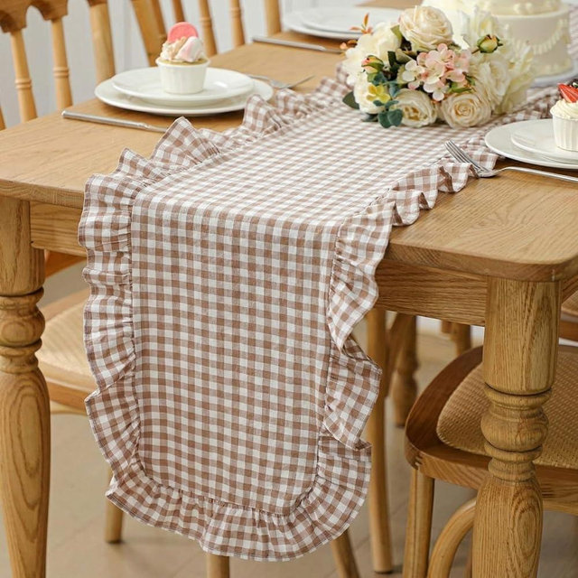 Windkream Taupe Ruffled Table Runner 72 Inches Long Rustic Cotton Tabletop Farmhouse Decor for Valentine's Day Baby Shower Bride Shower Birthday Holiday Wedding Party (Gingham)