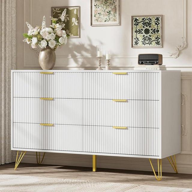 LYNSOM Fluted Dresser for Bedroom, White 6 Drawer Dresser with Gold Handles and Wide Drawers, Wood Chest of Drawers for Bedroom, Hallway