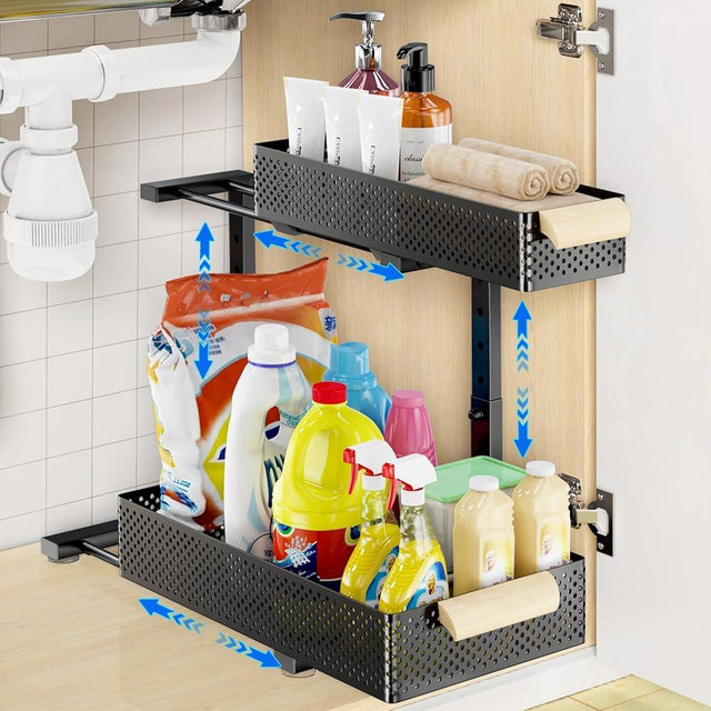 Auzev Under Sink Organizers and Storage,5 Height Adjustable Kitchen Cabinet Organizer,2 Tiers Pull Out Drawer Shelves Metal Slide Tray Organizer for Kitchen Bathroom