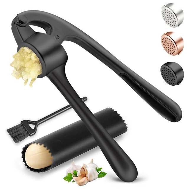Kitchen Garlic Press, Rust Proof & Dishwasher Safe Garlic Mincer, Durable Garlic Crusher Set with Peeler＆Brush, Easy to Clean and Squeeze, Black