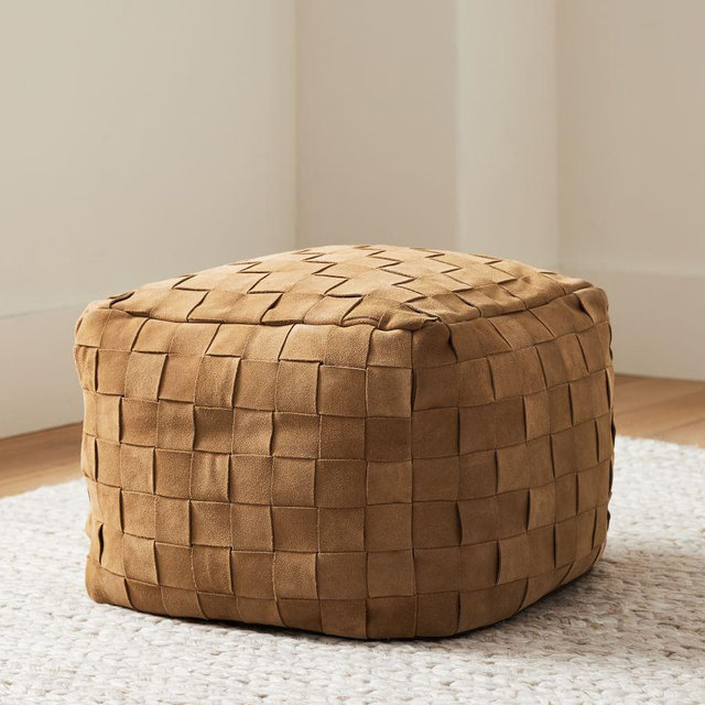 Basketweave Suede Pouf, 18" x 18" x 14", Camel