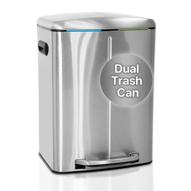Kitchen Trash Can with Lid & Double Barrel for Bedroom Bathroom Office High Capacity Step Trash Bin Fingerprint-Proof Brushed Stainless Steel Garbage Can 10 Gallon/ 40L