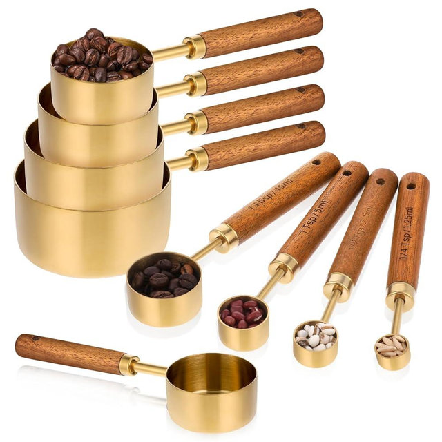 Yuanan 8 PCS Gold Measuring Cups and Spoons Set, Stainless Steel Measuring Cups with Wooden Handles Measure Cup Stackable With US Measurements, Metric Cup for Baking and Cooking