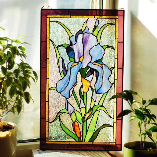 Purple iris Stained glass panel Stained glass window hangings Stained glass suncatchers Purple flower glass art Large stained glass Art
