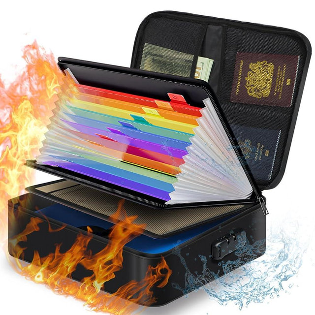 Truusa Important Document Organizer, Fireproof Document Safe/w Reflective Strip & Lock, Updated Waterproof Bag for File Storage, Portable for Travel, for Files, Certificates, Tax Paper(Updated-Black)