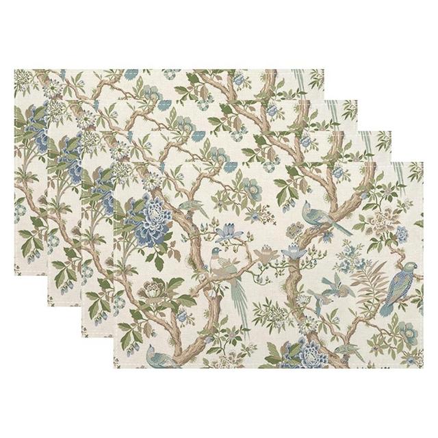 Blue Green Chinoiserie Placemats Set of 4 Spring Vintage Bird Flower Decor Place Mats 12x18 Inch Floral Seasonal Decorative Linen Table Mats for Home Kitchen Dining Party Table Decoration