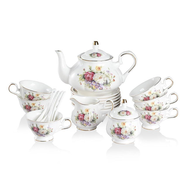 Sweejar Porcelain Tea Sets, Vintage British Floral Relief Gold Rimmed Teapot Cup and Saucer Set, Tea Set Service for 6, with Teapot, Sugar Bowl, Milk Jug, Spoons, Tea Cup and Saucer (Flower Style)