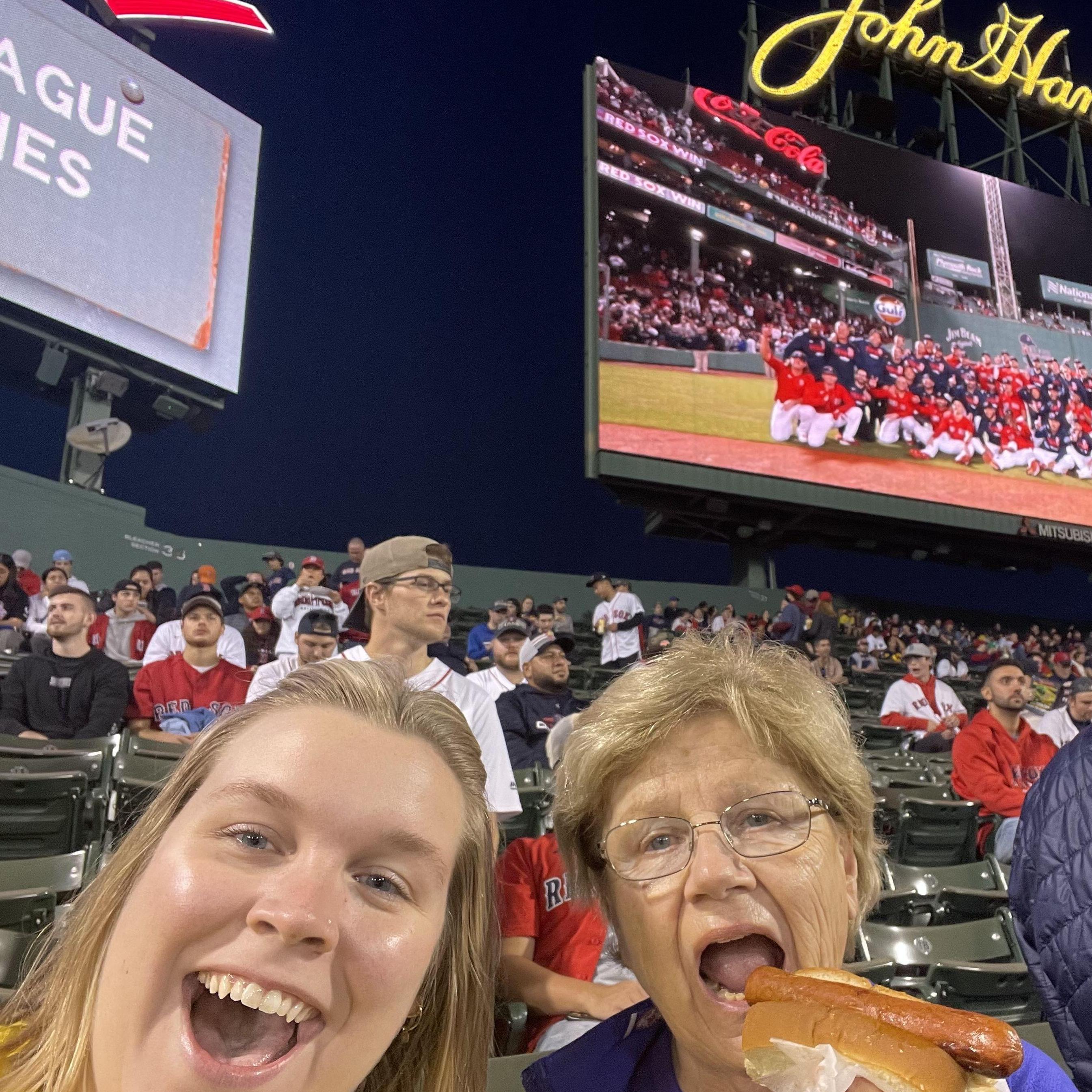 Carol & Grammy at a Red Sox game enjoying a Fenway Frank