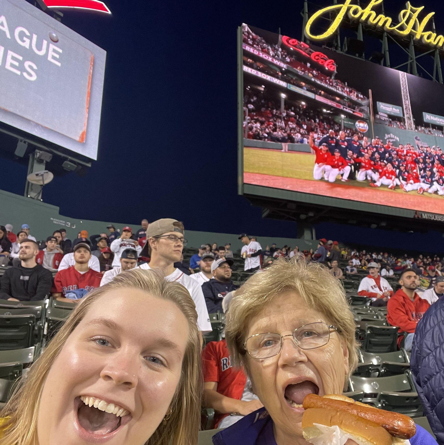 Carol & Grammy at a Red Sox game enjoying a Fenway Frank