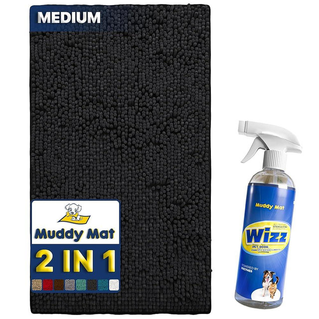Muddy Mat 2-in-1 Set Black Medium (30"X19") Microfiber Non-Slip, Washable & Highly Absorbent Chenille Dog Door Mat with Wizz Stain & Odor Remover-Ultimate Pet Cleanup Combo for Fresh & Clean Homes