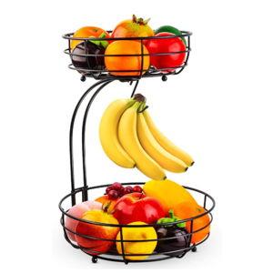 Auledio Iron 2-Tier Countertop Fruit Vegetables Basket Bowl Storage With Banana Hanger, Black, 64 ounces